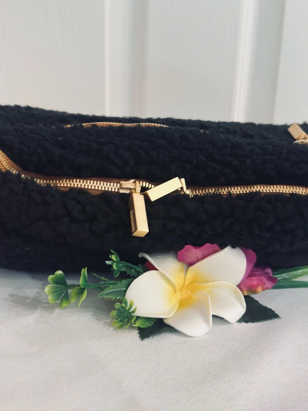 HAMMITT ~ Black Sherpa Shoulder Bag with Gold Hardware and Red Monogram Interior